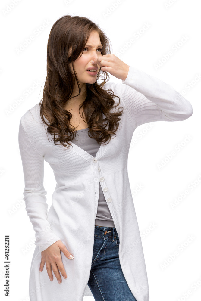Portrait of woman covering her nose, isolated on white Portrait of woman covering her nose, isolated on white