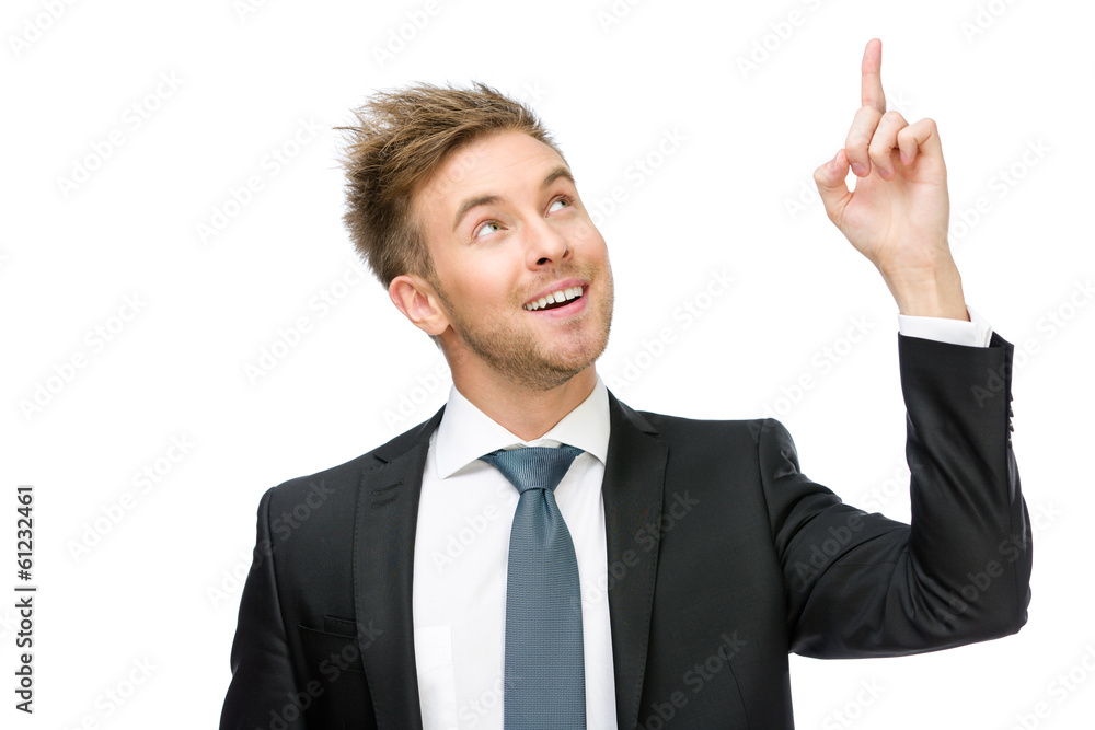 Half-length portrait of business man pointing hand gesture Half-length portrait of business man pointing hand gesture