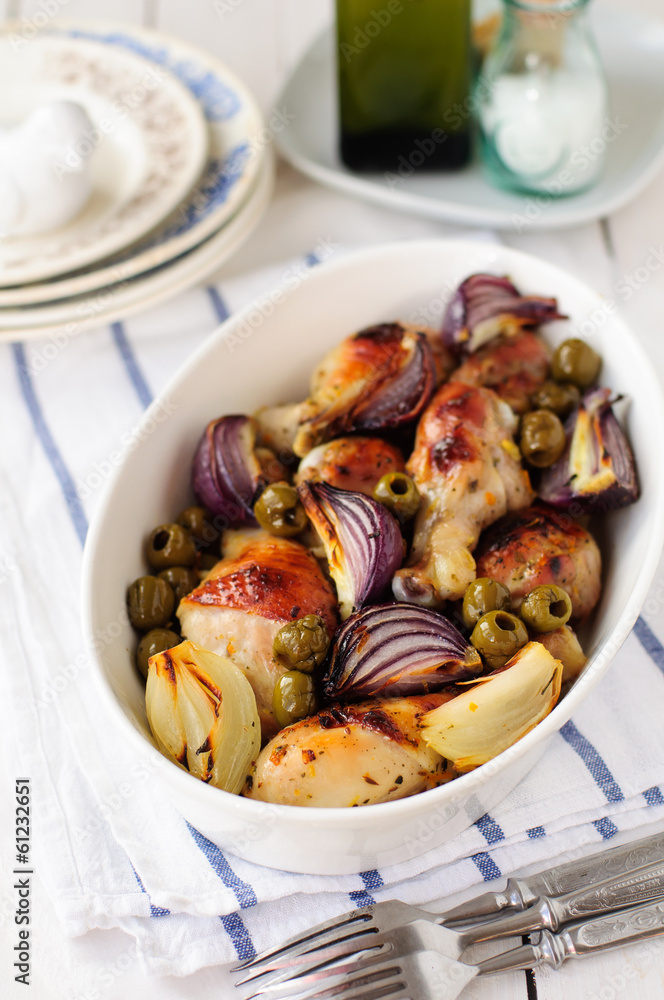 Roasted Chicken Legs (Drumsticks) with Onions and Green Olives