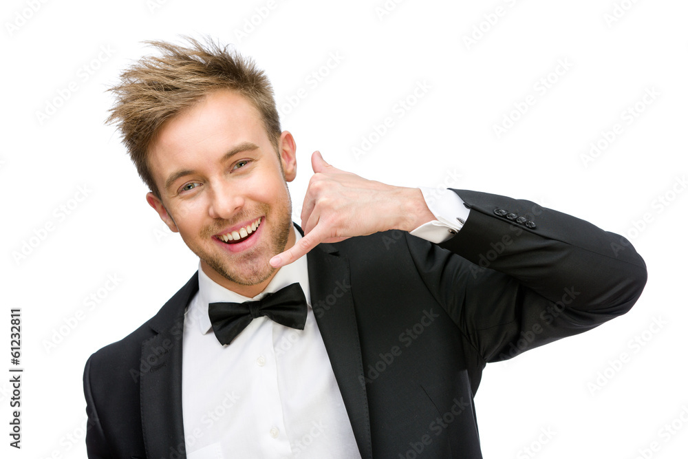 Half-length portrait of businessman phone gesturing Half-length portrait of businessman phone gesturing