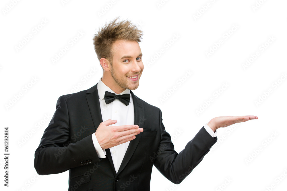 Half-length portrait of white collar with palm up Half-length portrait of white collar with palm up