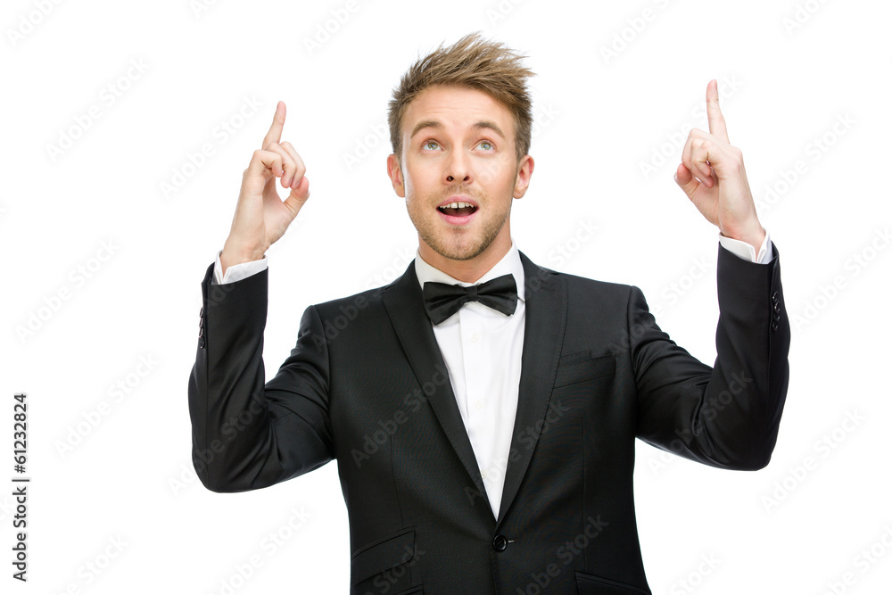 Half-length portrait of manager pointing finger gesture Half-length portrait of manager pointing finger gesture