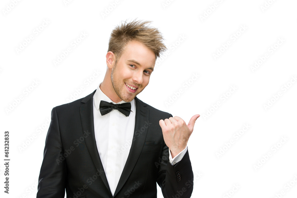 Half-length portrait of manager pointing hand gesture Half-length portrait of manager pointing hand gesture