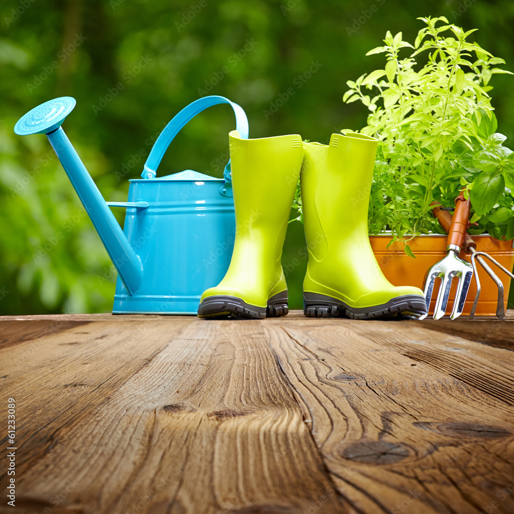 Outdoor gardening tools  on old wood table - obrazy, fototapety, plakaty 