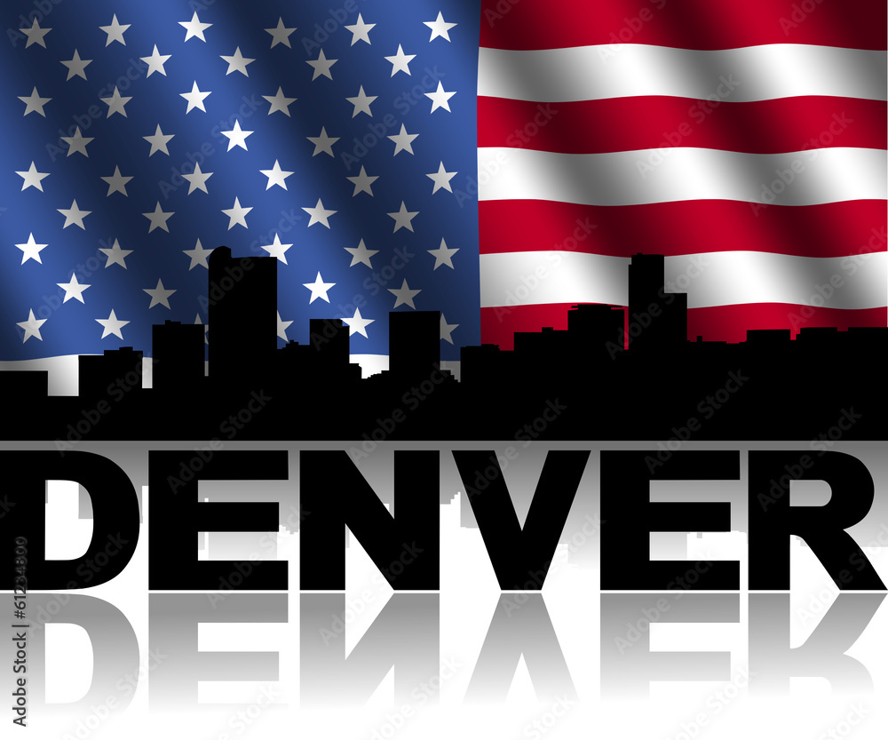 Denver skyline text reflected rippled American flag illustration