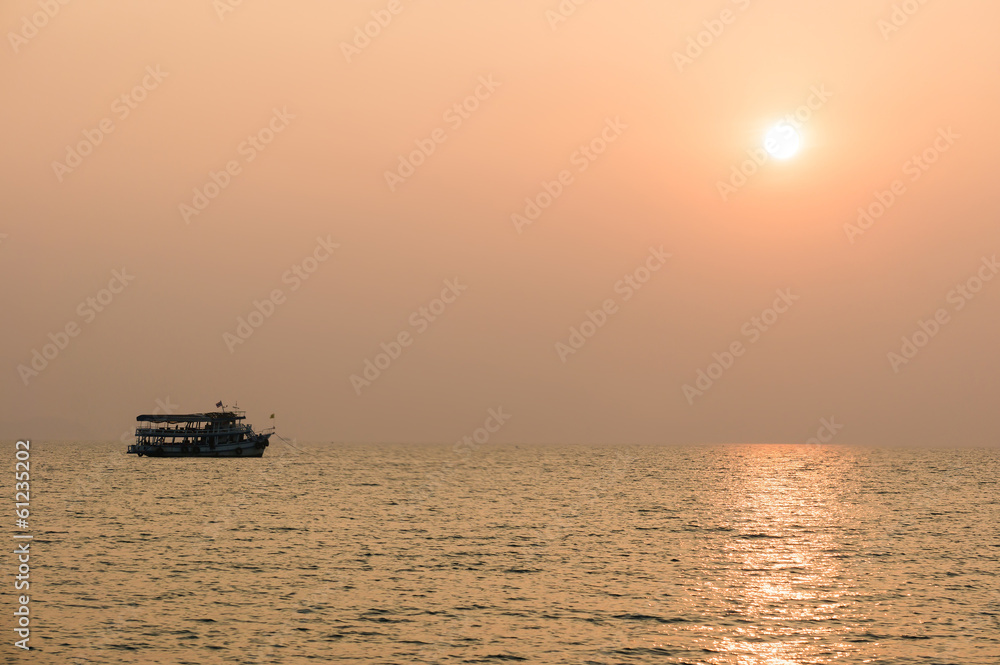 Ship, sea, sunset.