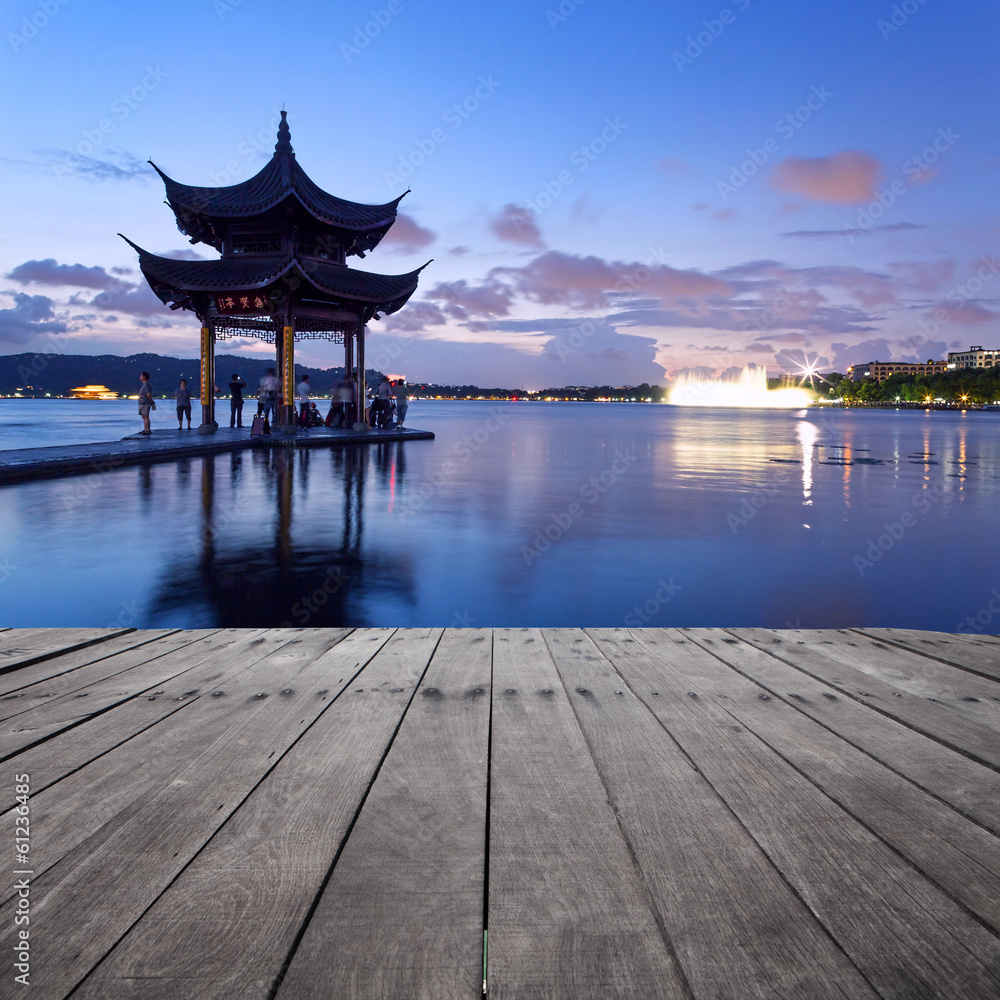 pavilion at nightfall in west lake ,hangzhou ,China pavilion at nightfall in west lake ,hangzhou ,China