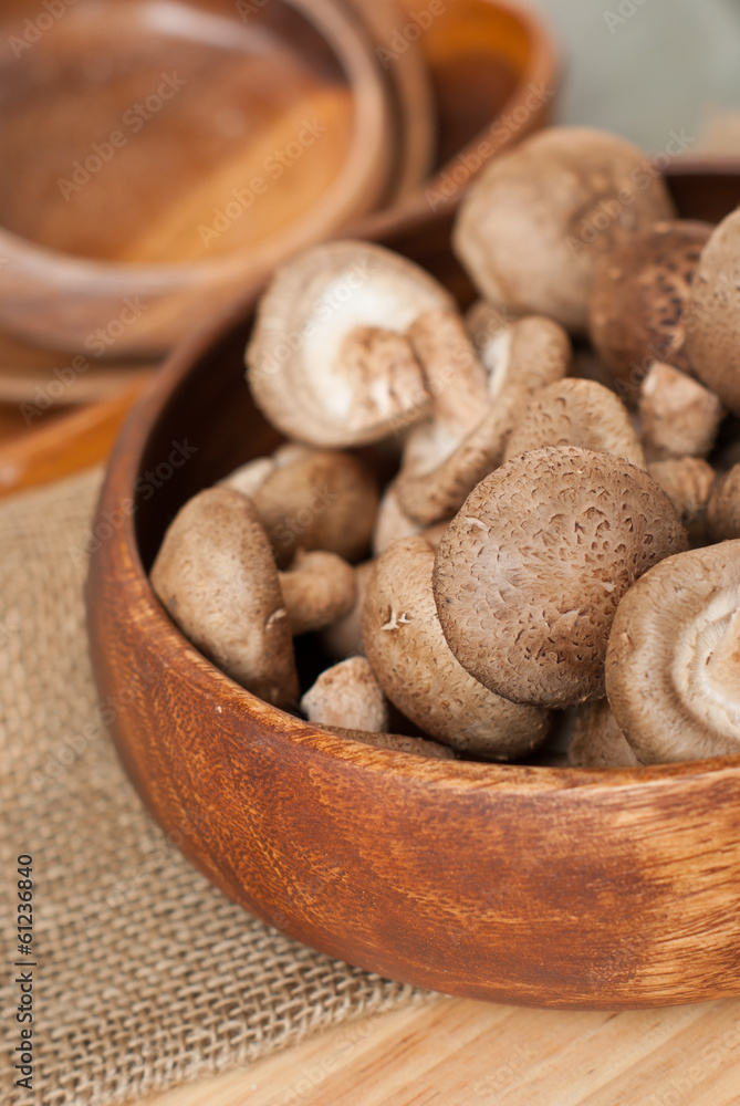 Fresh mushrooms in bowl on wooden background Fresh mushrooms in bowl on wooden background