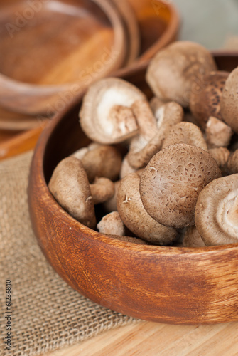Fresh mushrooms in bowl on wooden background
