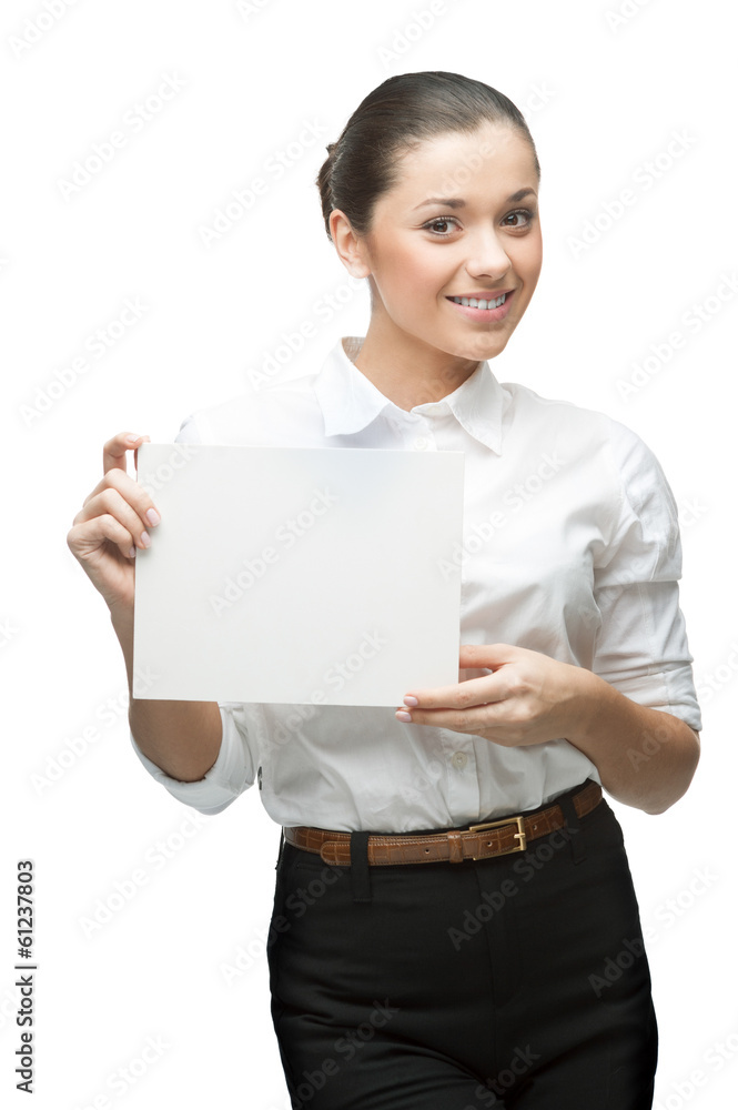 smiling businesswoman holding sign smiling businesswoman holding sign