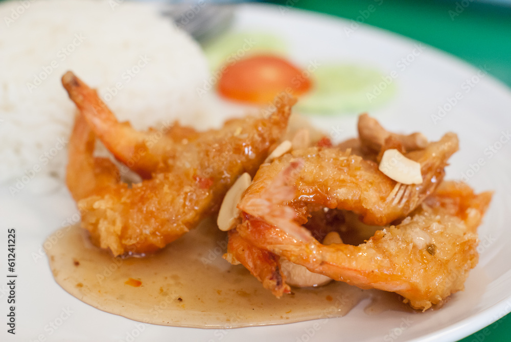 fried shrimp and sweet sauce with rice, thai food fried shrimp and sweet sauce with rice, thai food