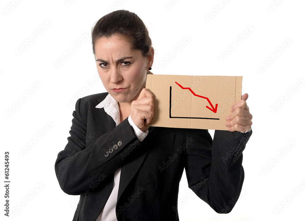 business woman in stress wearing a suit holding a falling stats business woman in stress wearing a suit holding a falling stats