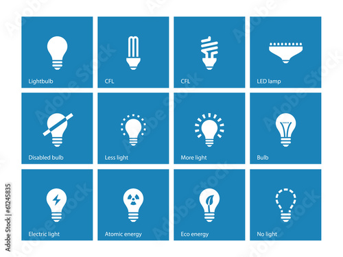 Light bulb and CFL lamp icons on blue background.