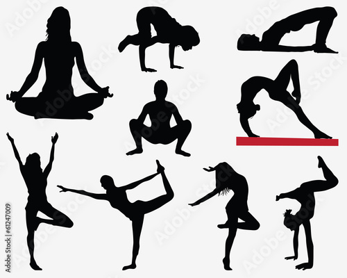 Black silhouettes of yoga, stretching and exercise, vector