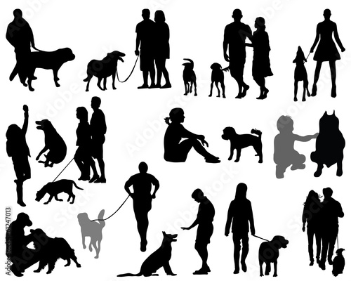 Black silhouettes and shadows of people with dogs, vector