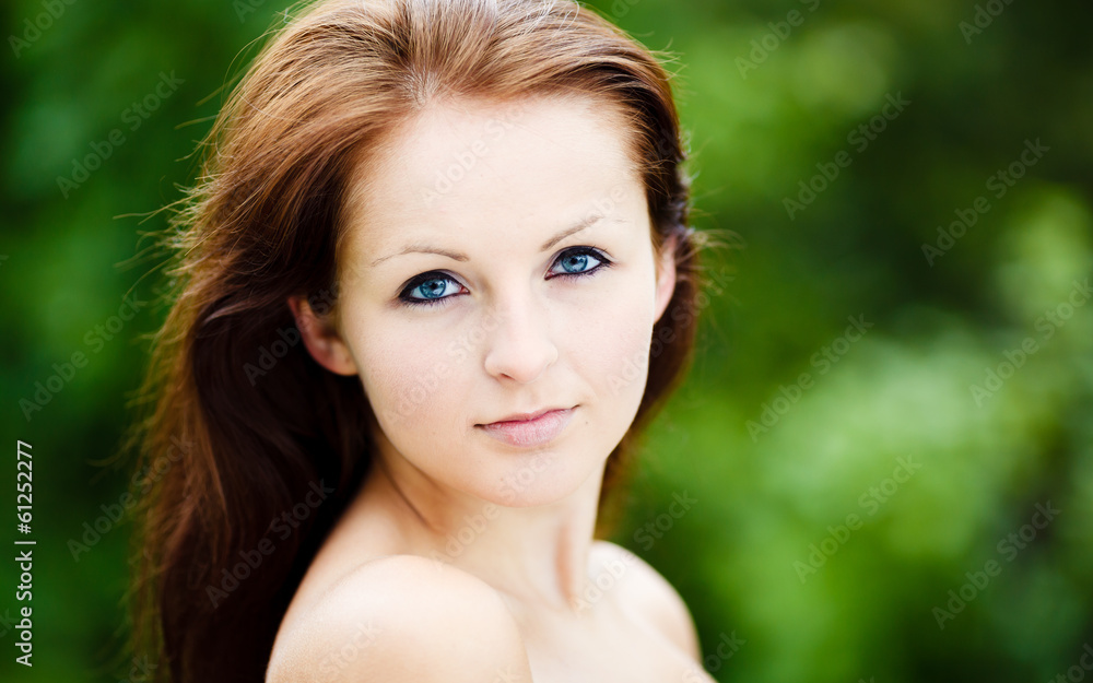 Beautiful Blue Eyed Woman. Beauty Portrait. Green Background. Beautiful Blue Eyed Woman. Beauty Portrait. Green Background.