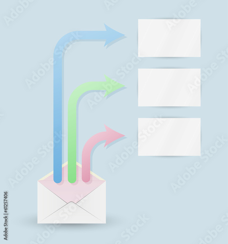 envelope and three arrows with blank papers