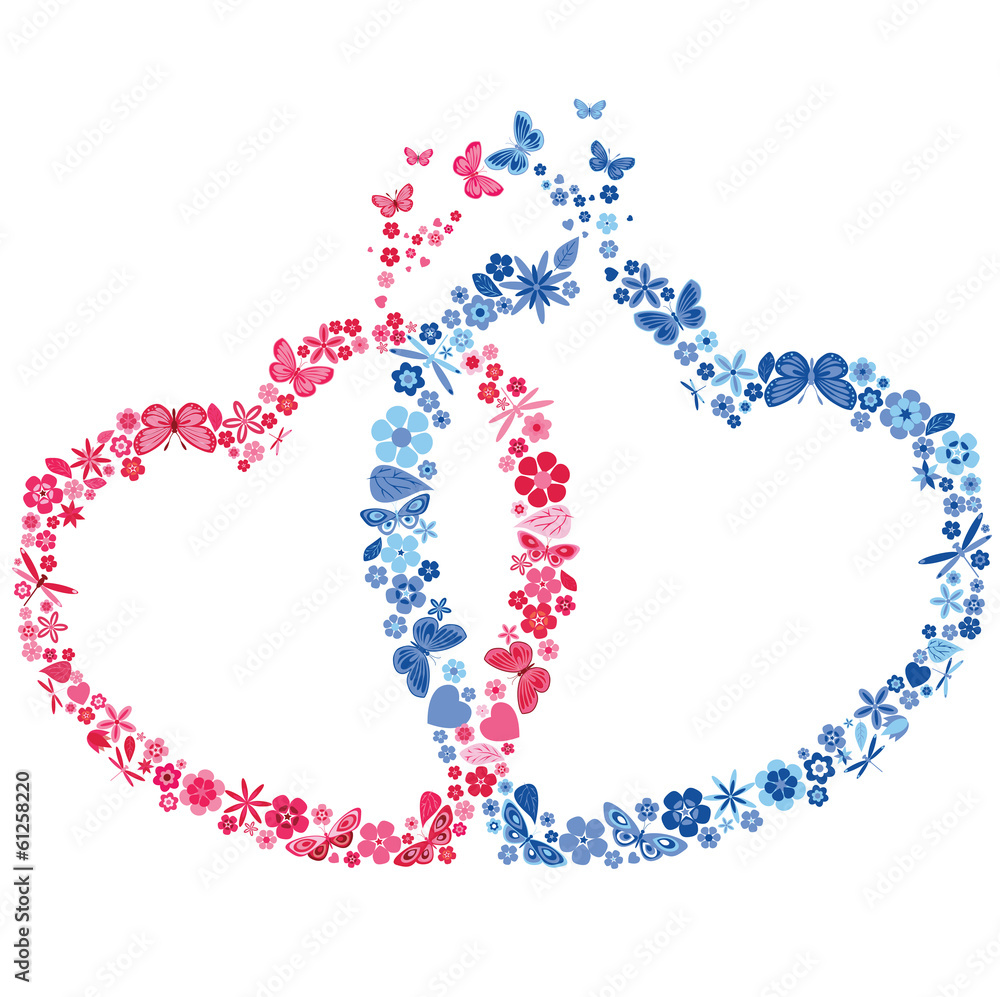 Two heart with flowers and butterflies Two heart with flowers and butterflies