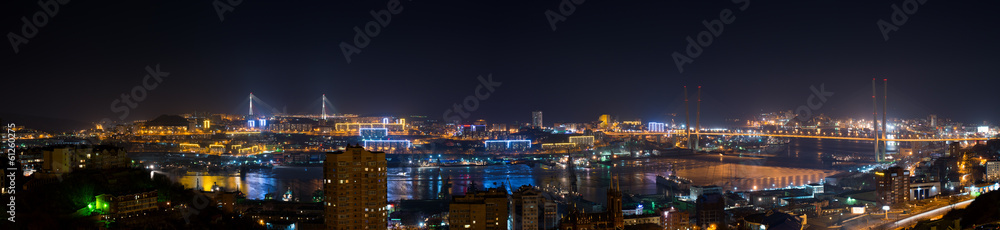 High resolution panorama of Vladivostok cityscape, night view.