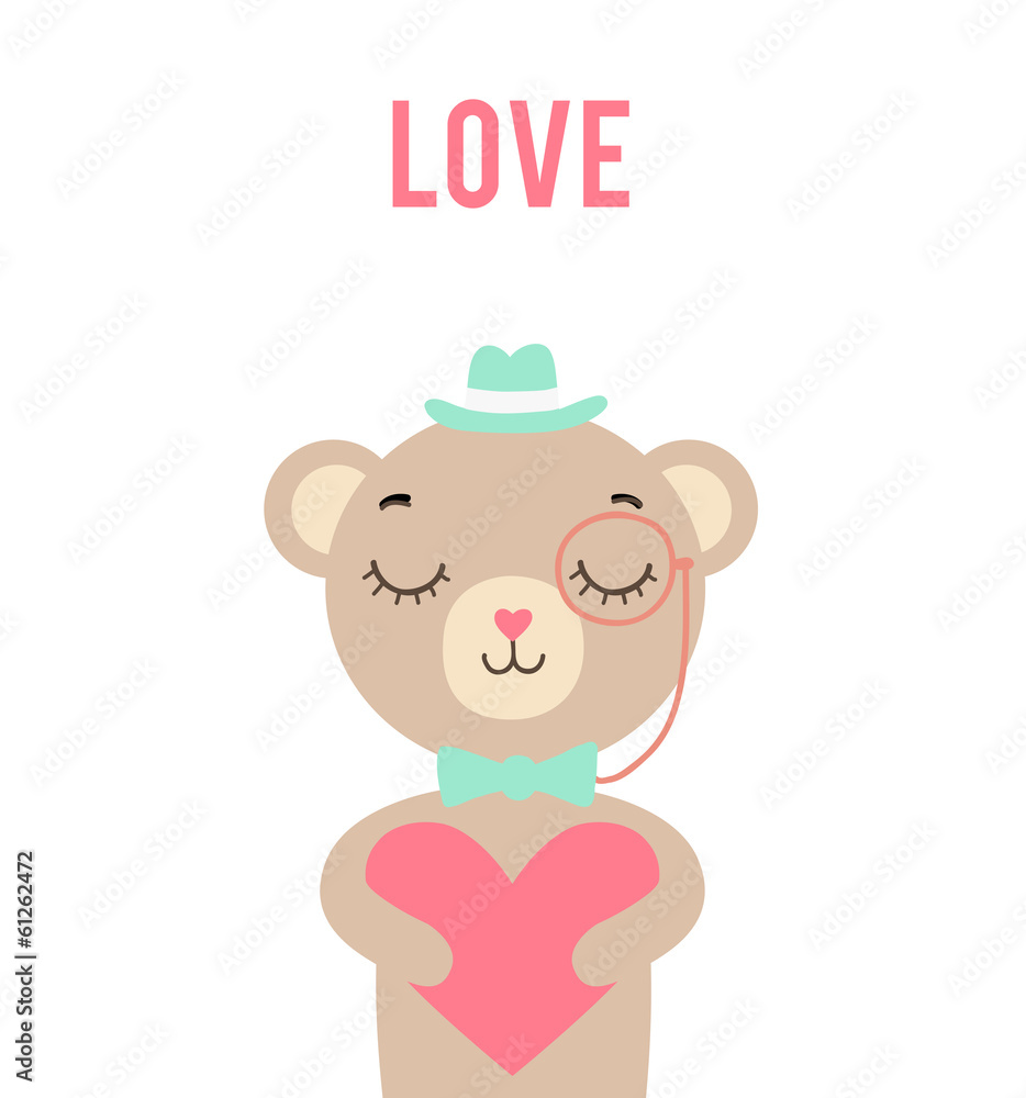 Cute cartoon hipster bear holding heart on white background Cute cartoon hipster bear holding heart on white background