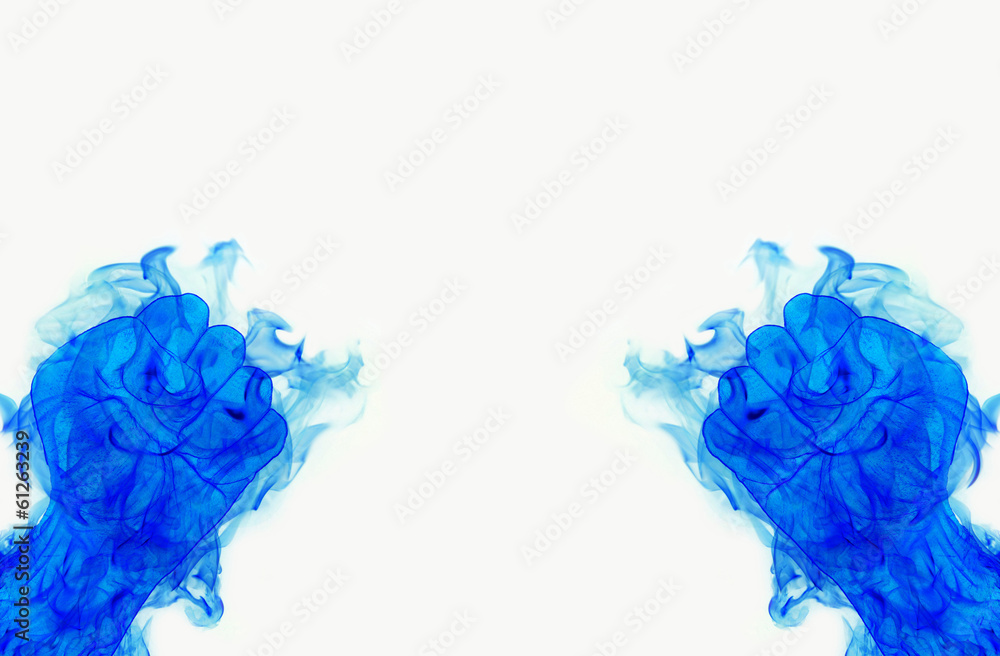 two blue fire flames fist on white background