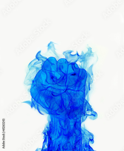 blue fire flames fist on white background