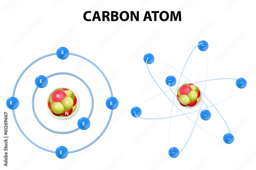 Carbon atom on white background. structure - obrazy, fototapety, plakaty 