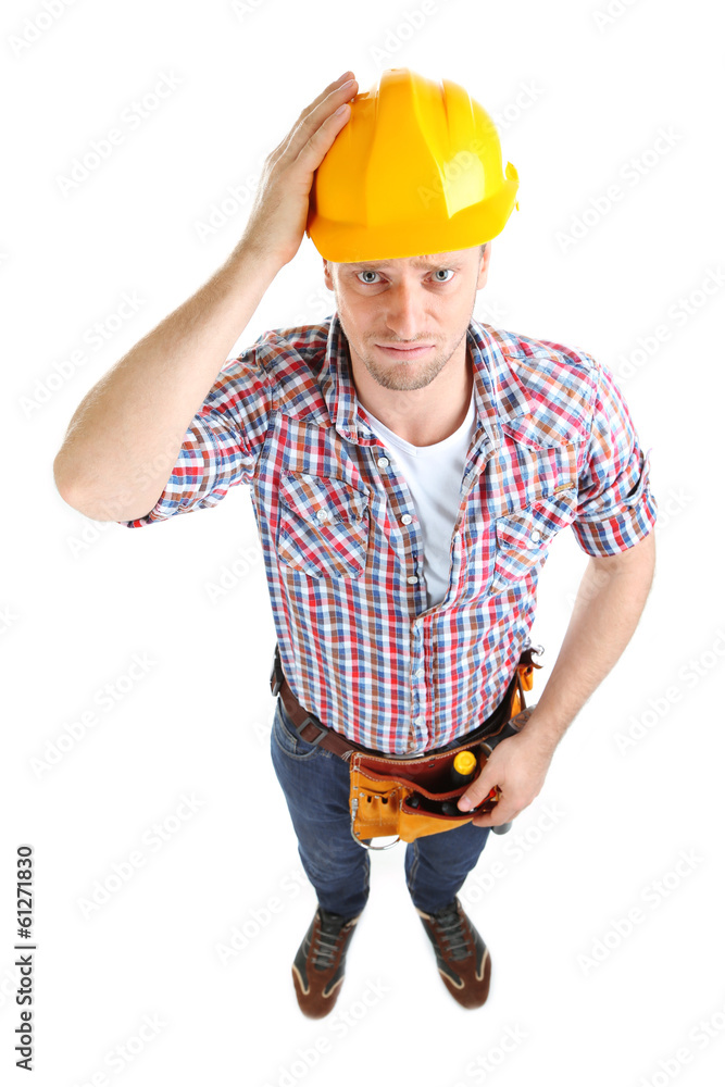 Portrait of young builder isolated on white Portrait of young builder isolated on white