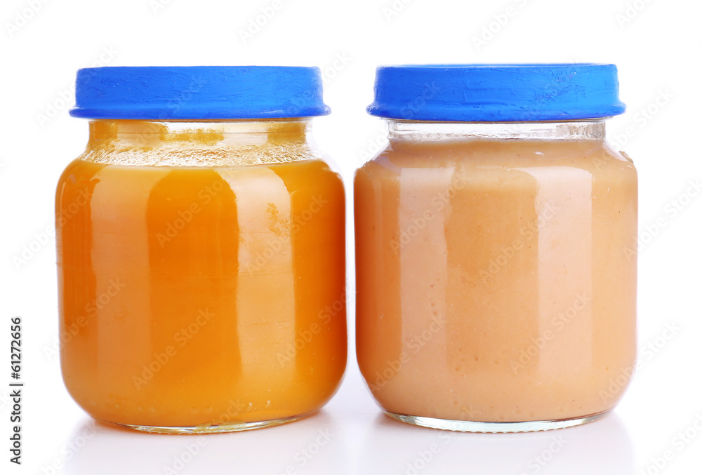 Baby food in glass jars, isolated on white Baby food in glass jars, isolated on white