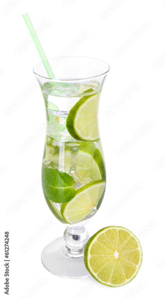 Glass of cocktail with lime and mint isolated on white Glass of cocktail with lime and mint isolated on white