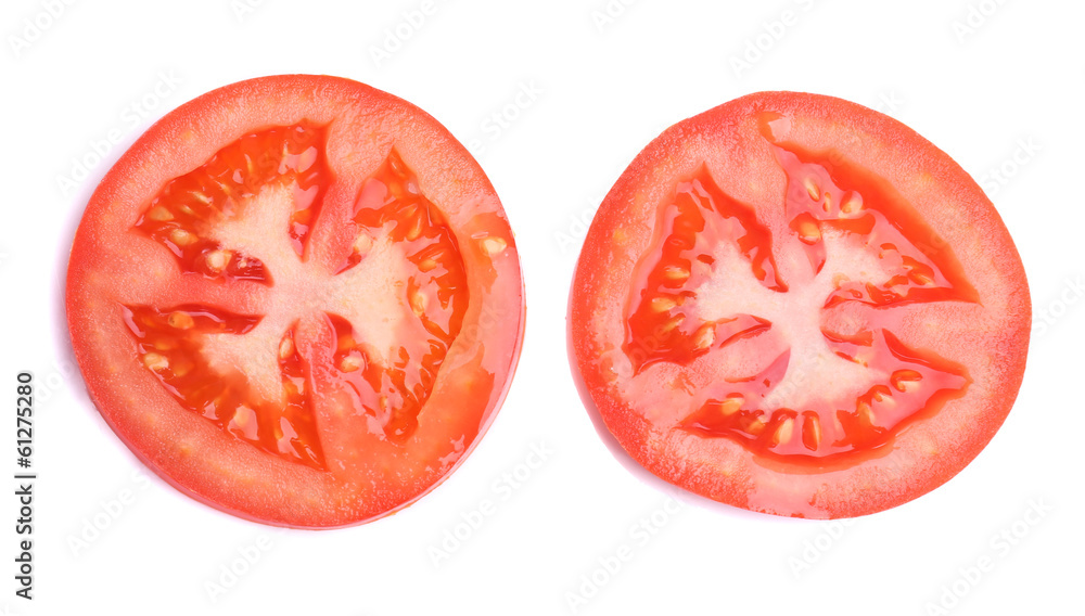 Slices of fresh tomato, isolated on white Slices of fresh tomato, isolated on white