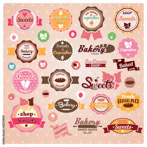 Collection of vintage retro ice cream and bakery labels
