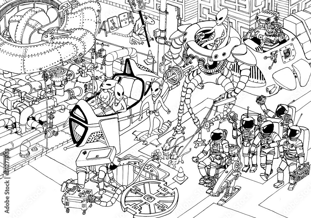 Fototapeta premium Alien Street Walking (outline and color)