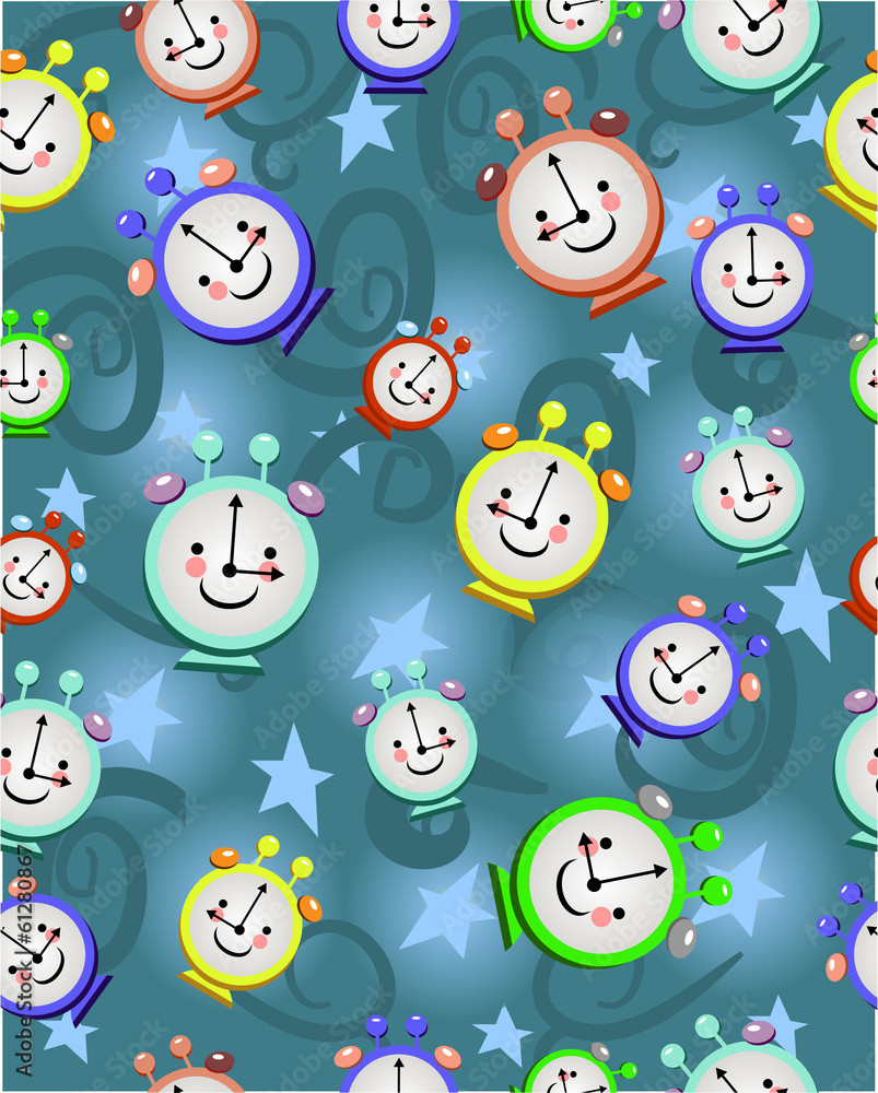 Seamless sample with funny colored alarm clocks in the night in Seamless sample with funny colored alarm clocks in the night in