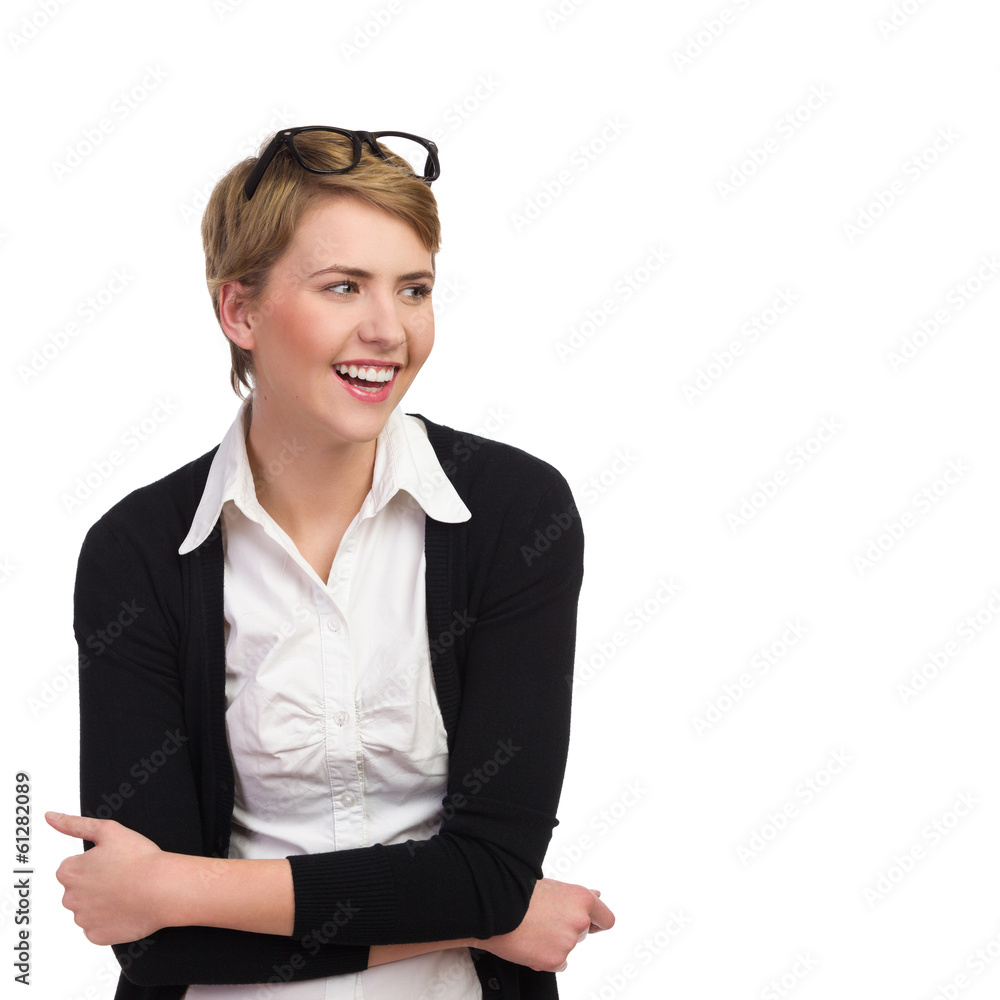 Laughing young woman looking at copy space. Laughing young woman looking at copy space.