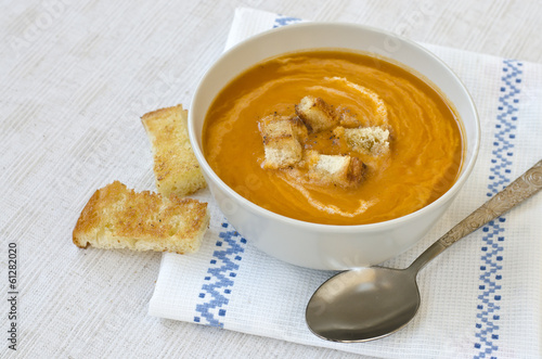 Pumpkin soup with croutons.