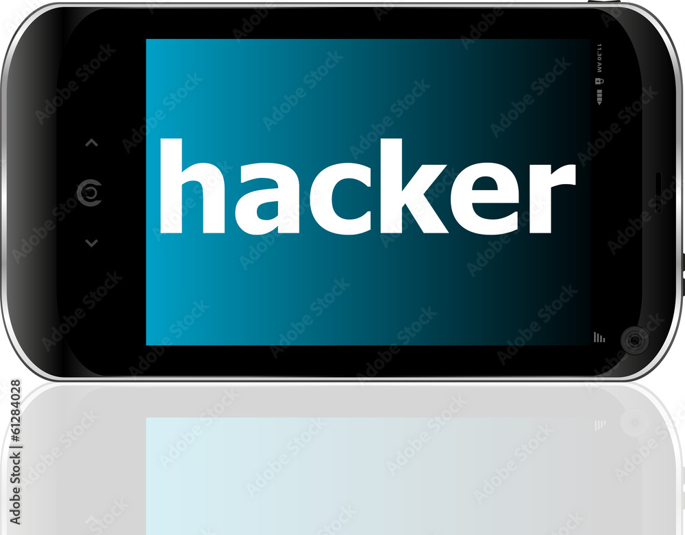smartphone with word hacker on display, business concept smartphone with word hacker on display, business concept