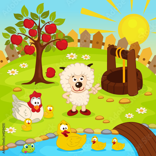 yard with animals and pond - vector illustration