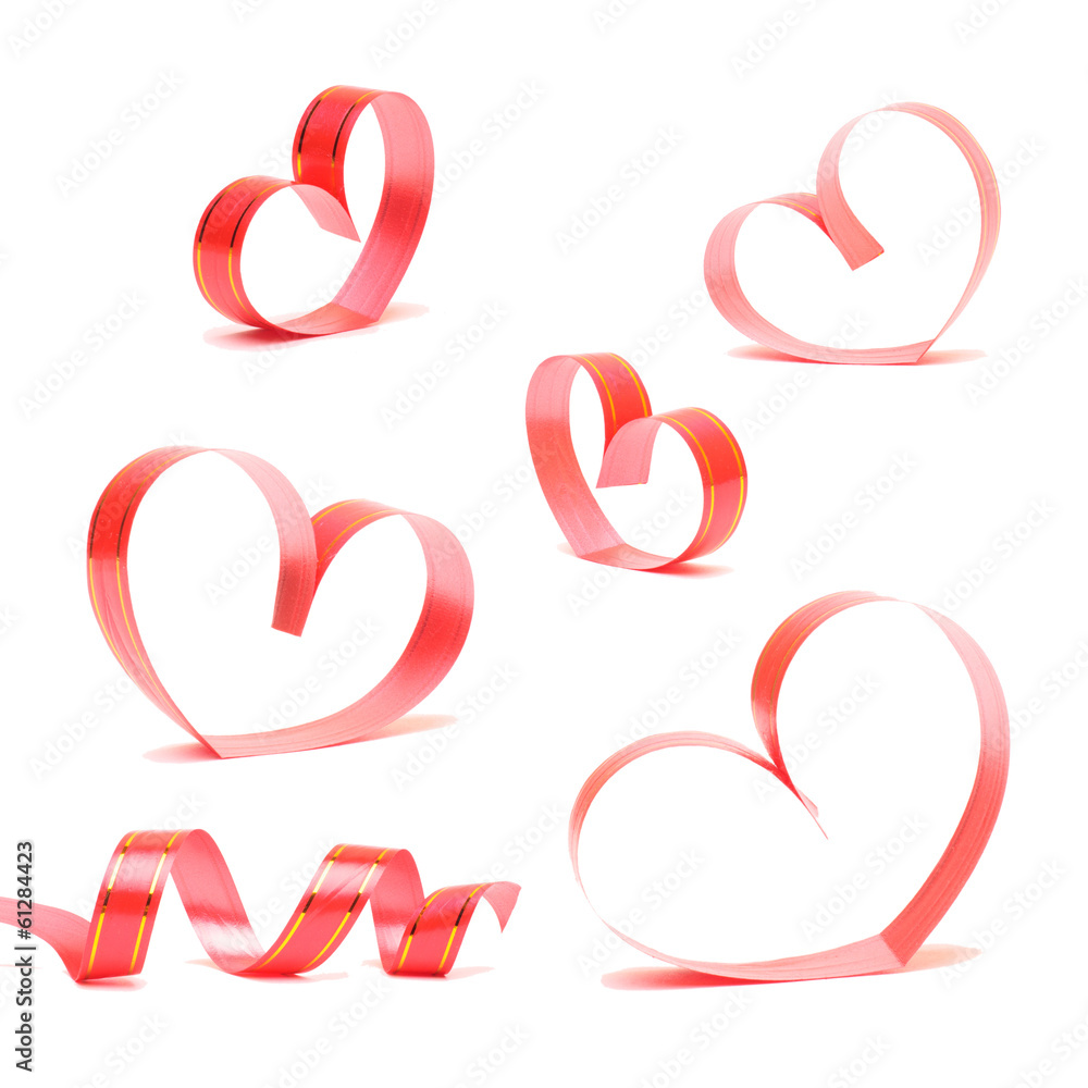 Ribbons shaped as hearts on white, valentines day concept
