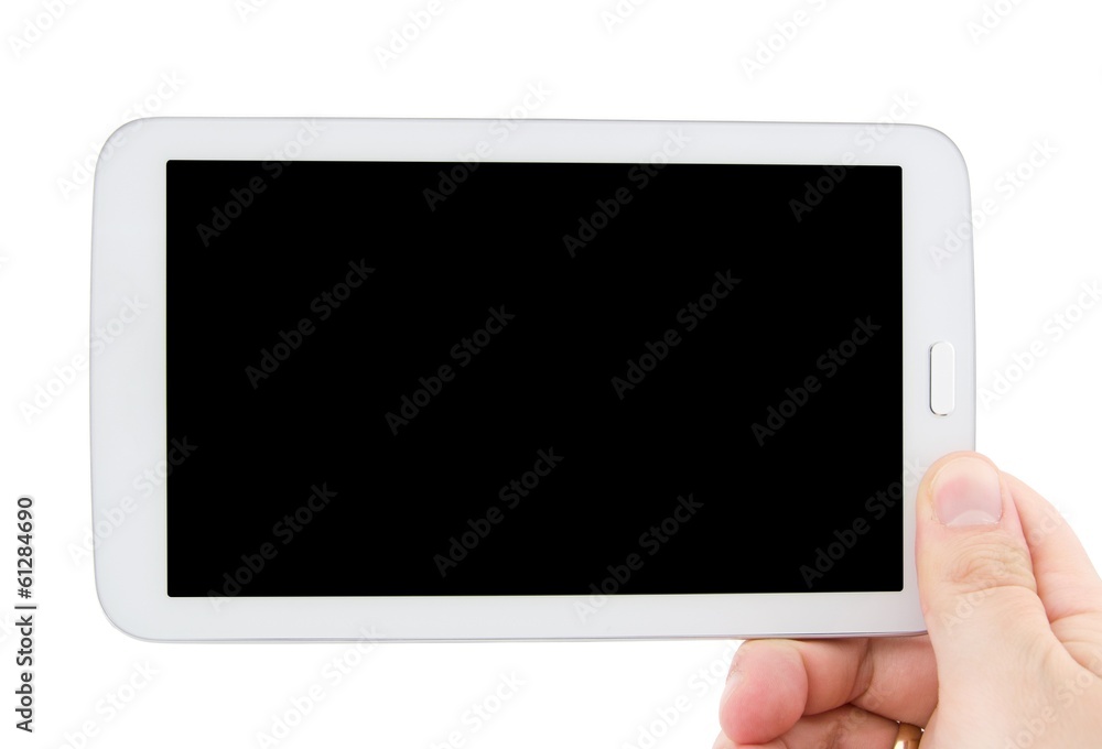 Hand holding tablet pc with empty black display. Horizontal comp Hand holding tablet pc with empty black display. Horizontal comp