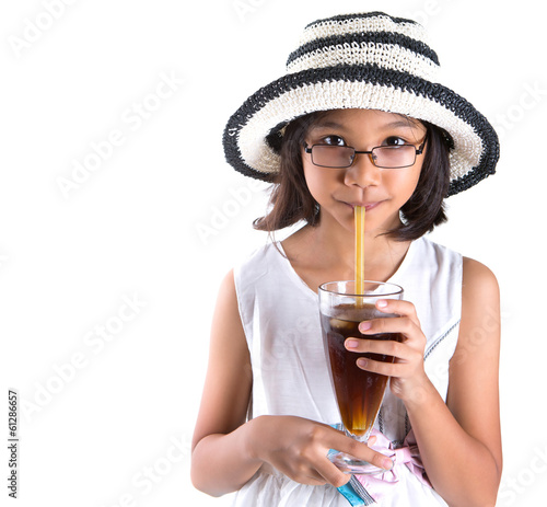 Young Girl With Summer Hat and Fresh Juice Drink
