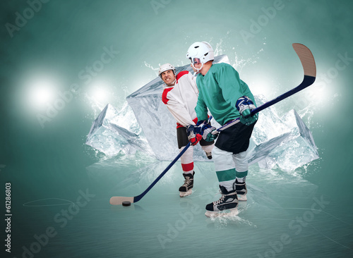 Two ice hockey players with ice cubes background