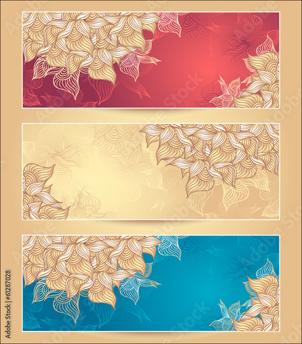 Set Abstract floral banners with flowers shells seaweed
