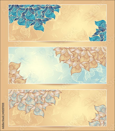 Set Abstract floral banners with flowers shells seaweed