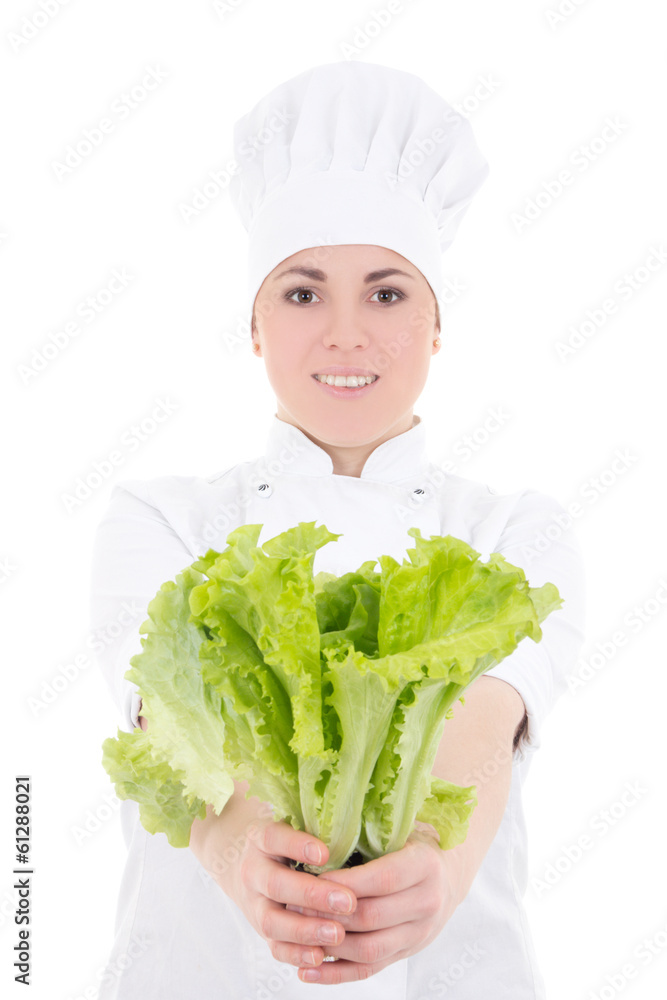 young attractive cook woman in uniform with fresh salad isolated young attractive cook woman in uniform with fresh salad isolated
