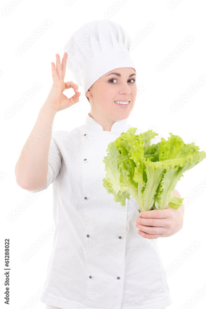 young attractive cook woman in uniform with fresh salad showing young attractive cook woman in uniform with fresh salad showing