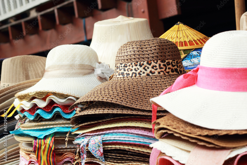 Hats for sale at Damnoen Saduak Floating Market - Thailand.