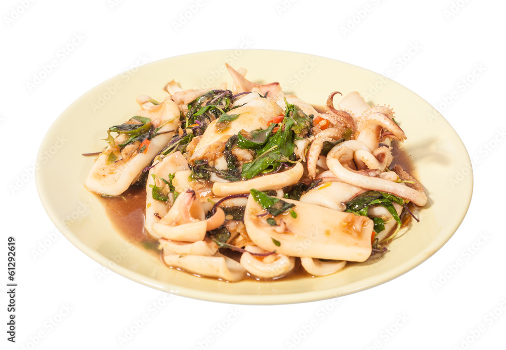 stir fried squid with chilli and basil isolated on white stir fried squid with chilli and basil isolated on white