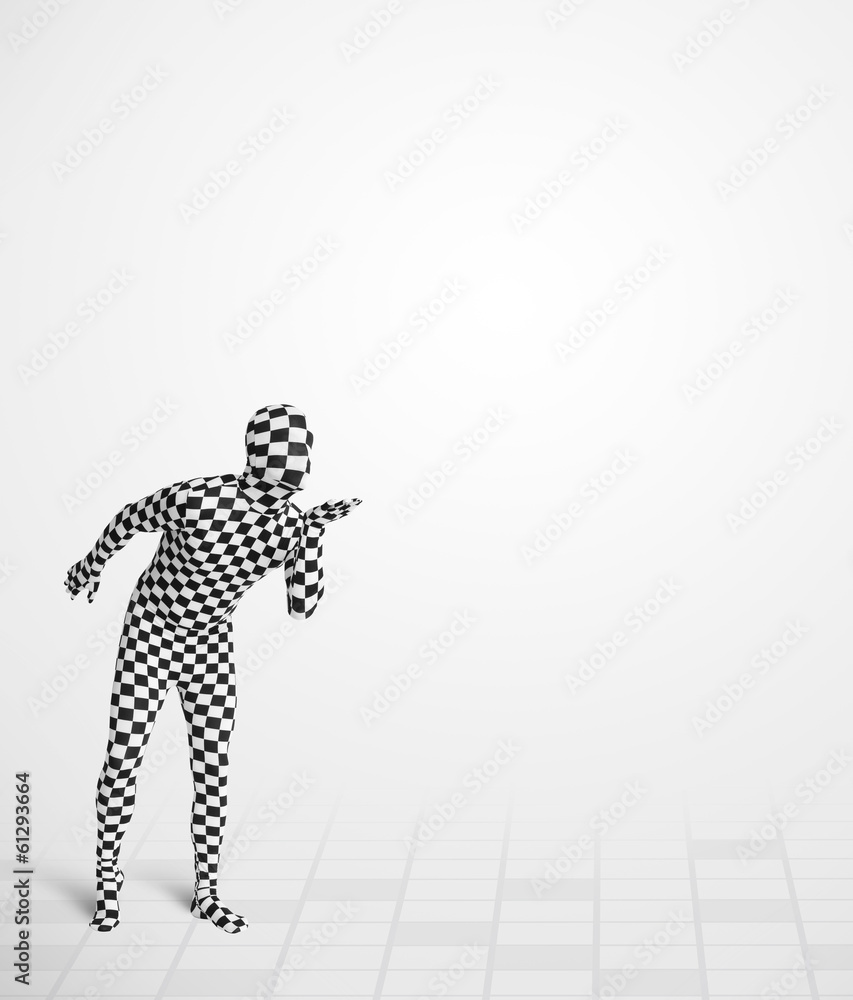 Fototapeta premium Funny guy in morphsuit body suit looking at copy space