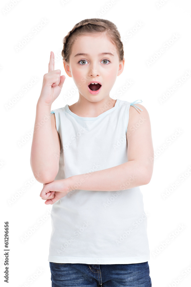 Portrait of a pretty girl pointed finger up. Portrait of a pretty girl pointed finger up.